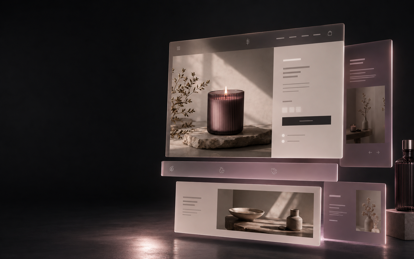Premium ecommerce storefront and modular Shopify sections floating in a softly lit digital showroom